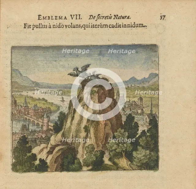 Emblem 7. The young bird flies from the nest and falls back into the nest, 1618. Creator: Merian, Matthäus, the Elder (1593-1650).