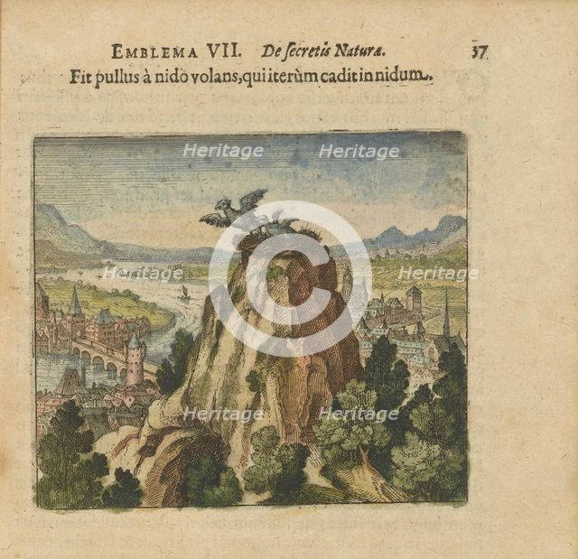 Emblem 7. The young bird flies from the nest and falls back into the nest, 1618. Creator: Merian, Matthäus, the Elder (1593-1650).