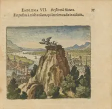 Emblem 7. The young bird flies from the nest and falls back into the nest, 1618. Creator: Merian, Matthäus, the Elder (1593-1650)
