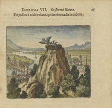 Emblem 7. The young bird flies from the nest and falls back into the nest, 1618. Creator: Merian, Matthäus, the Elder (1593-1650)