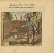 Emblem 8. Take the egg and hit it with a glowing sword, 1618. Creator: Merian, Matthäus, the Elder (1593-1650)