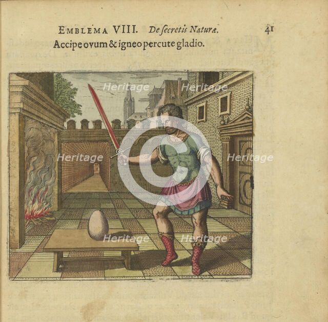 Emblem 8. Take the egg and hit it with a glowing sword, 1618. Creator: Merian, Matthäus, the Elder (1593-1650).
