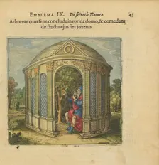 Emblem 9. Lock the tree and the old man in a house full of dew, and whoever eats its fruit..., 1618. Creator: Merian, Matthäus, the Elder (1593-1650)