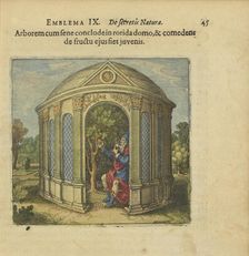 Emblem 9. Lock the tree and the old man in a house full of dew, and whoever eats its fruit..., 1618. Creator: Merian, Matthäus, the Elder (1593-1650)