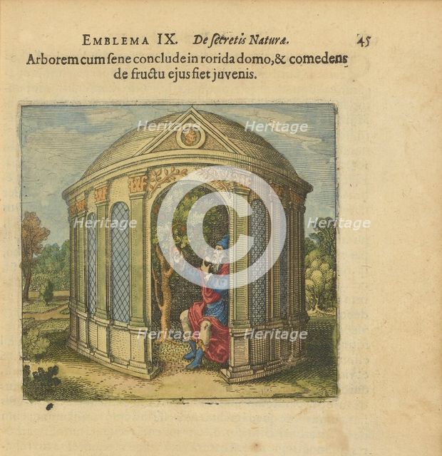 Emblem 9. Lock the tree and the old man in a house full of dew, and whoever eats its fruit..., 1618. Creator: Merian, Matthäus, the Elder (1593-1650).