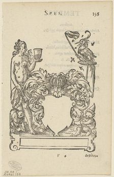 Emblem with Blank Heraldic Shield, folio 156 from the Anthologia Gnomonica, 1579,...1937. Creators: Jost Ammon, Max Geisberg, Sigmund Feyerabend, Henri Estienne