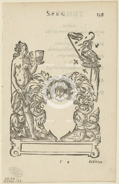 Emblem with Blank Heraldic Shield, folio 156 from the Anthologia Gnomonica, 1579,...1937. Creators: Jost Ammon, Max Geisberg, Sigmund Feyerabend, Henri Estienne.