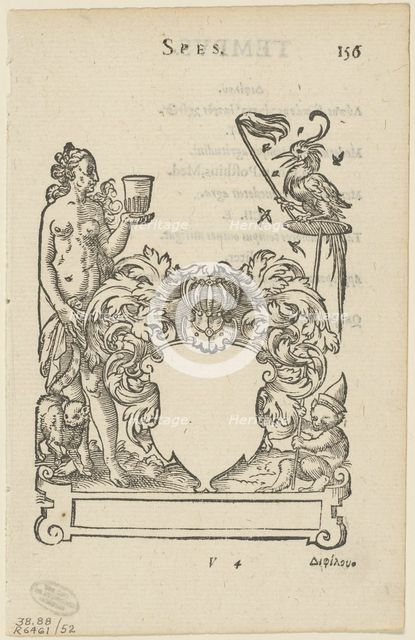 Emblem with Blank Heraldic Shield, folio 156 from the Anthologia Gnomonica, 1579,...1937. Creators: Jost Ammon, Max Geisberg, Sigmund Feyerabend, Henri Estienne.