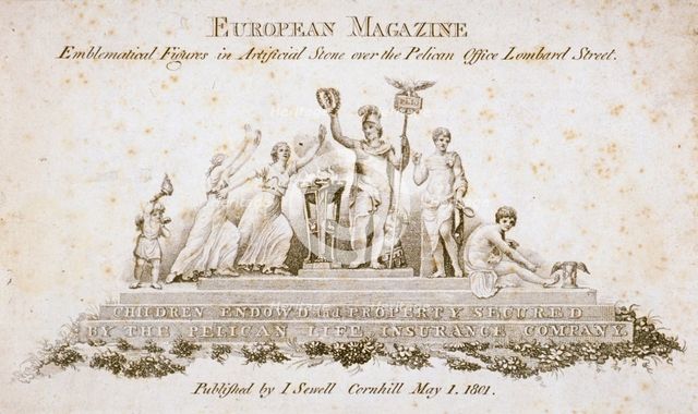 Emblematical figures over the Pelican Life Office, no 70 Lombard Street, City of London, 1801. Artist: Anon