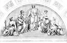 Emblematic Group of Figures, by Mr. John Thomas, over the Principal Entrance of the Leeds..., 1858. Creator: Unknown