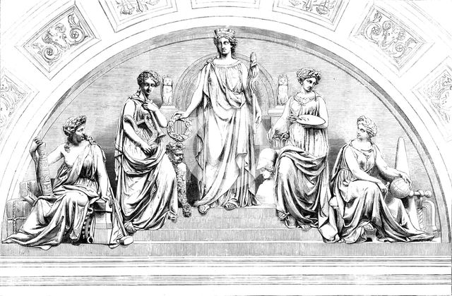 Emblematic Group of Figures, by Mr. John Thomas, over the Principal Entrance of the Leeds..., 1858. Creator: Unknown.