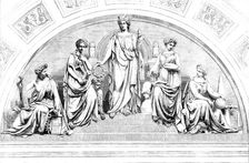 Emblematic Group of Figures, by Mr. John Thomas, over the Principal Entrance of the Leeds..., 1858. Creator: Unknown