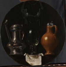 Emblematic Still Life with Flagon, Glass, Jug and Bridle, 1614. Creator: Johannes van der Beeck