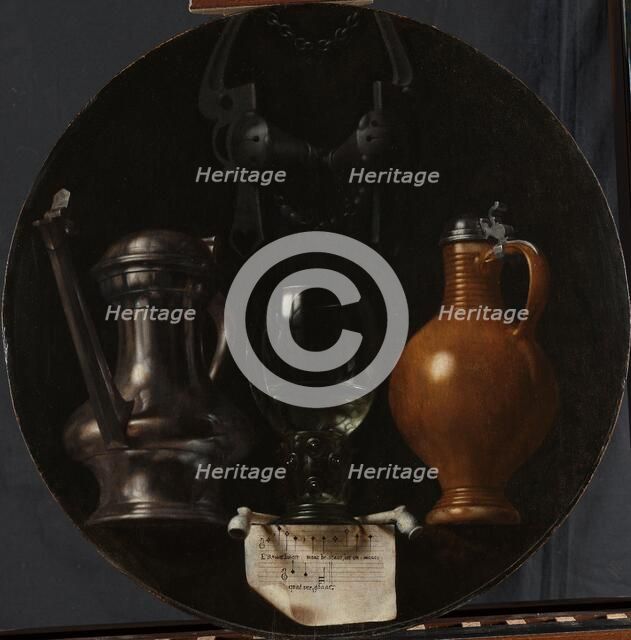 Emblematic Still Life with Flagon, Glass, Jug and Bridle, 1614. Creator: Johannes van der Beeck.