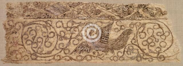 Embroidered fragment with bird among vines, 1100s. Creator: Unknown.