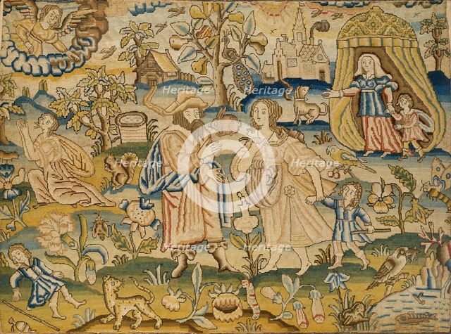 Embroidered picture: Abraham's dismissal of Hagar, mid-17th century. Artist: Unknown.