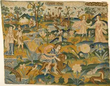 Embroidered picture: Man with a Lion in a Landscape with two Couples, 2nd half of the 17th century