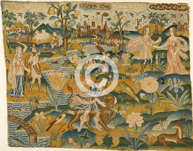 Embroidered picture: Man with a Lion in a Landscape with two Couples, 2nd half of the 17th century Artist: Unknown.
