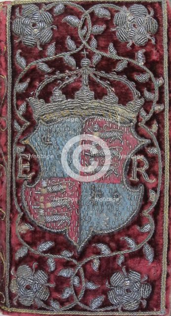 Embroidered velvet binding on John Udall's Sermons with the arms of Elizabeth I, 1596. Artist: Anonymous master  
