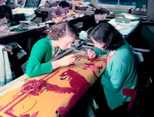 Embroidering the Royal Standard of Scotland used at the coronation of Queen Elizabeth II, 1953. Creator: Arthur Charles Kirby Ware
