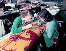 Embroidering the Royal Standard of Scotland used at the coronation of Queen Elizabeth II, 1953. Creator: Arthur Charles Kirby Ware
