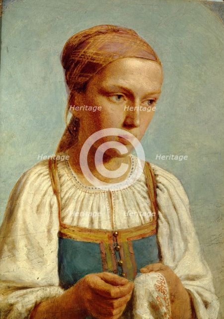Embroidery Country Girl, 1843. Artist: Venetsianov, Alexei Gavrilovich (1780-1847)