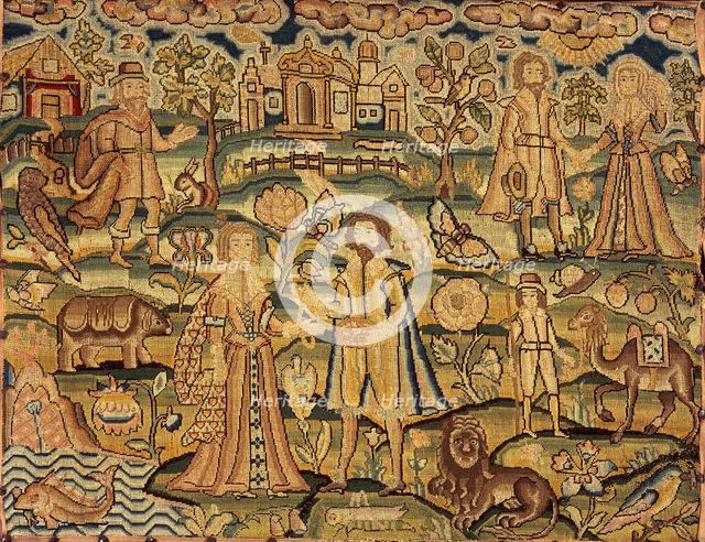 Embroidery panel showing people, flowers, insects, fish and animals, 17th century. Artist: Unknown