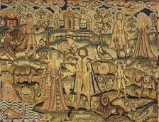 Embroidery panel showing people, flowers, insects, fish and animals, 17th century