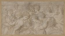 Embracing Female Figures, Some Holding Musical Scores., 1570-73. Creator: Attributed to Girolamo Mirol