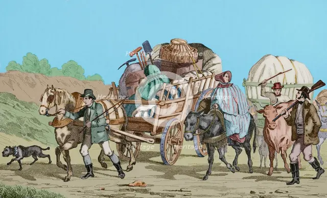 Emigrants on carts heading out West, United States, 1837, (1850).   Creator: Emile Louis Vernier.