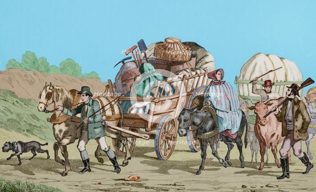 Emigrants on carts heading out West, United States, 1837, (1850).   Creator: Emile Louis Vernier.