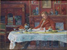 Émile Verhaeren (1855-1918) at the table, 1900. Creator: Verhaeren, Marthe (1860-1931)