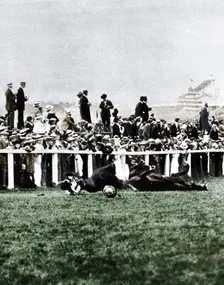 Emily Davison throwing herself in front of the King's horse during the Derby, Epsom, Surrey, 1913