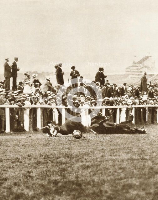 Emily Davison throwing herself in front of the King's horse during the Derby, Epsom, Surrey, 1913. Artist: Unknown