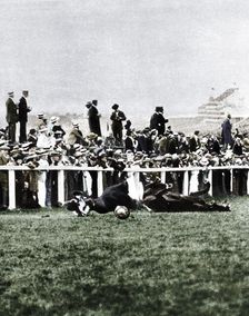 Emily Davison throwing herself in front of the King's horse during the Derby, Epsom, Surrey, 1913