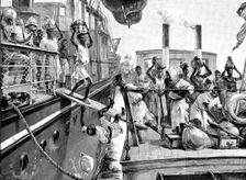 Emin Pasha Relief Expedition, Banana Point..transferring passengers to a Congo River steamboat, 1890 Creator: P Naumann