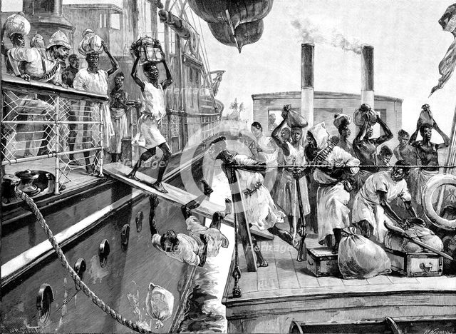 Emin Pasha Relief Expedition, Banana Point..transferring passengers to a Congo River steamboat, 1890 Creator: P Naumann.
