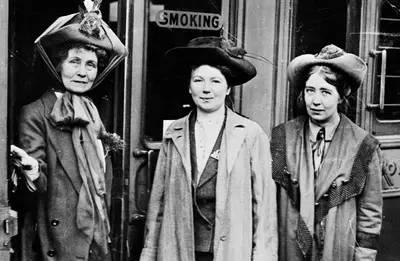 Emmeline, Christabel and Sylvia Pankhurst, Waterloo Station, London, 1911. Creator: Unknown.