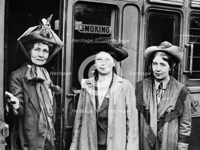 Emmeline, Christabel and Sylvia Pankhurst, Waterloo Station, London, 1911. Artist: Unknown