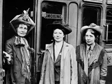 Emmeline, Christabel and Sylvia Pankhurst, Waterloo Station, London, 1911. Creator: Unknown