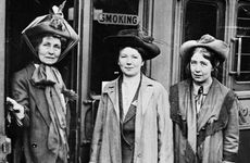Emmeline, Christabel and Sylvia Pankhurst, Waterloo Station, London, 1911. Artist: Unknown