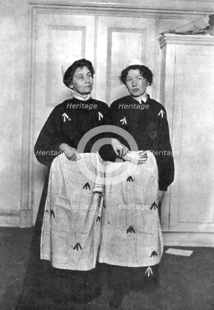 Emmeline and Christabel Pankhurst, English suffragettes, in prison dress, 1908. Artist: Unknown