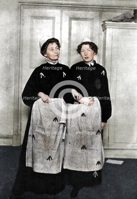Emmeline and Christabel Pankhurst, English suffragettes, in prison dress, 1908. Artist: Unknown.