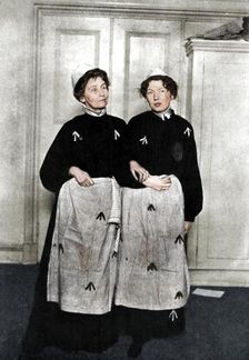 Emmeline and Christabel Pankhurst, English suffragettes, in prison dress, 1908