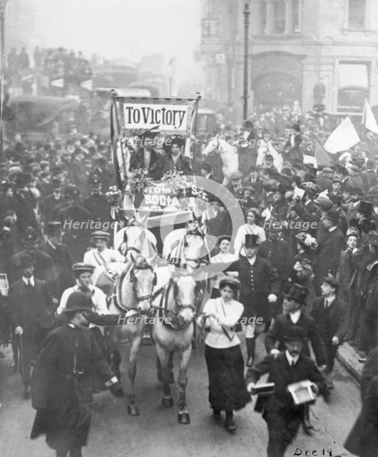 Emmeline Pankhurst and Christabel Pankhurst after a party at the Inns of Court Hotel, 1908. Artist: Unknown