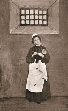 Emmeline Pankhurst, British suffragette, in a cell in Holloway Prison, London, 1908. Creator: Unknown