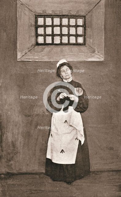 Emmeline Pankhurst, British suffragette, in a cell in Holloway Prison, London, 1908. Creator: Unknown.