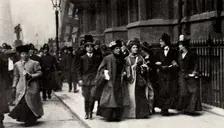 Emmeline Pankhurst, British suffragette leader, carrying a petition, London, 13 February 1908. Creator: Unknown