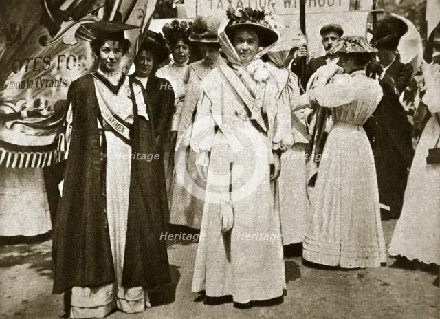 Emmeline Pethick-Lawrence and Emmeline Pankhurst, British suffragettes, 1908.  Creator: Central News.