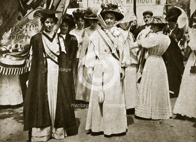Emmeline Pethick-Lawrence and Emmeline Pankhurst, British suffragettes, 1908.  Creator: Central News.
